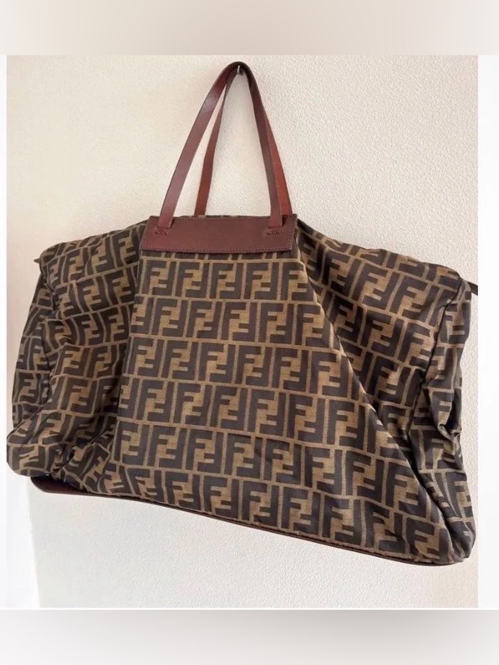 Authentic Fendi Brown Zucca Monogram Tote with Rust Leather Trim